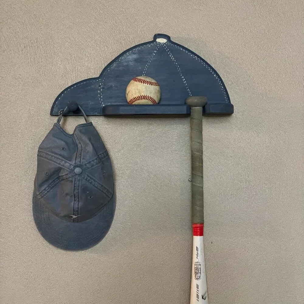 Wall Mounted Wooden Baseball Bat Rack Display Holder and Hat Hook Blue